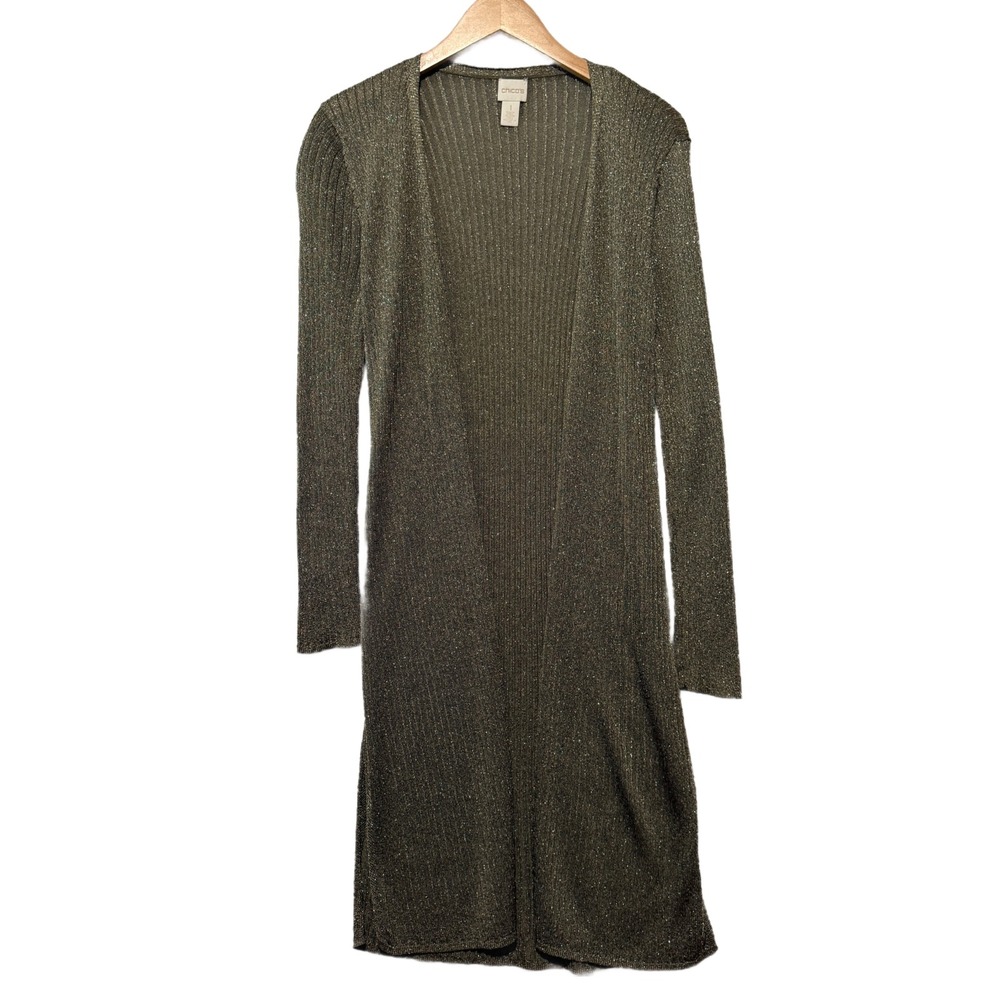 Chico's Metallic Ribbed Longline Cardigan Duster Sweater Size‎ 1 Olive Gold